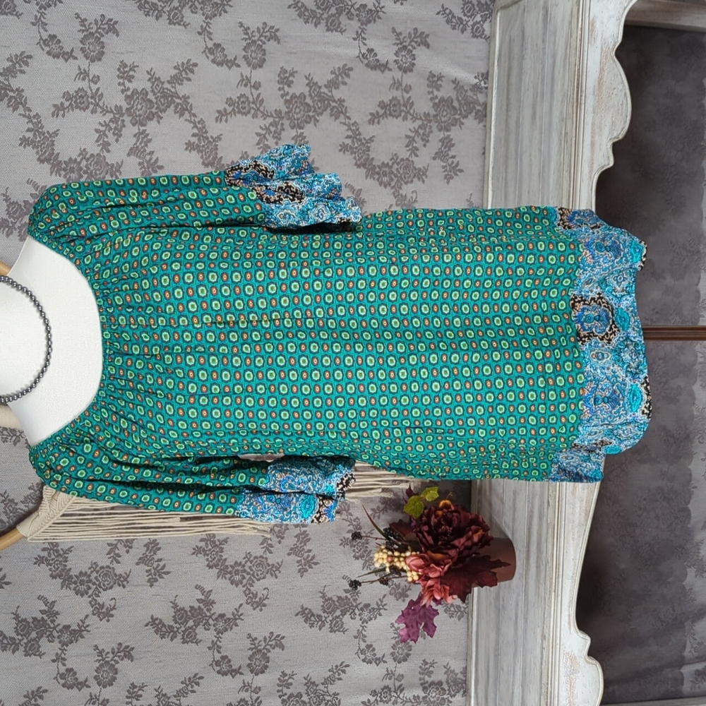 Umgee Green medallion print bell sleeve boho dress NWT